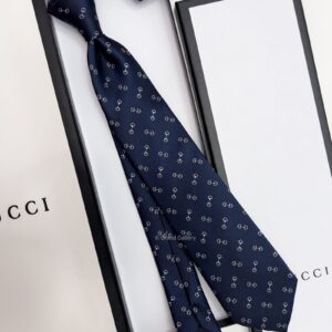 GUCCI - Navy HORSEBIT SILK JACQUARD TIE