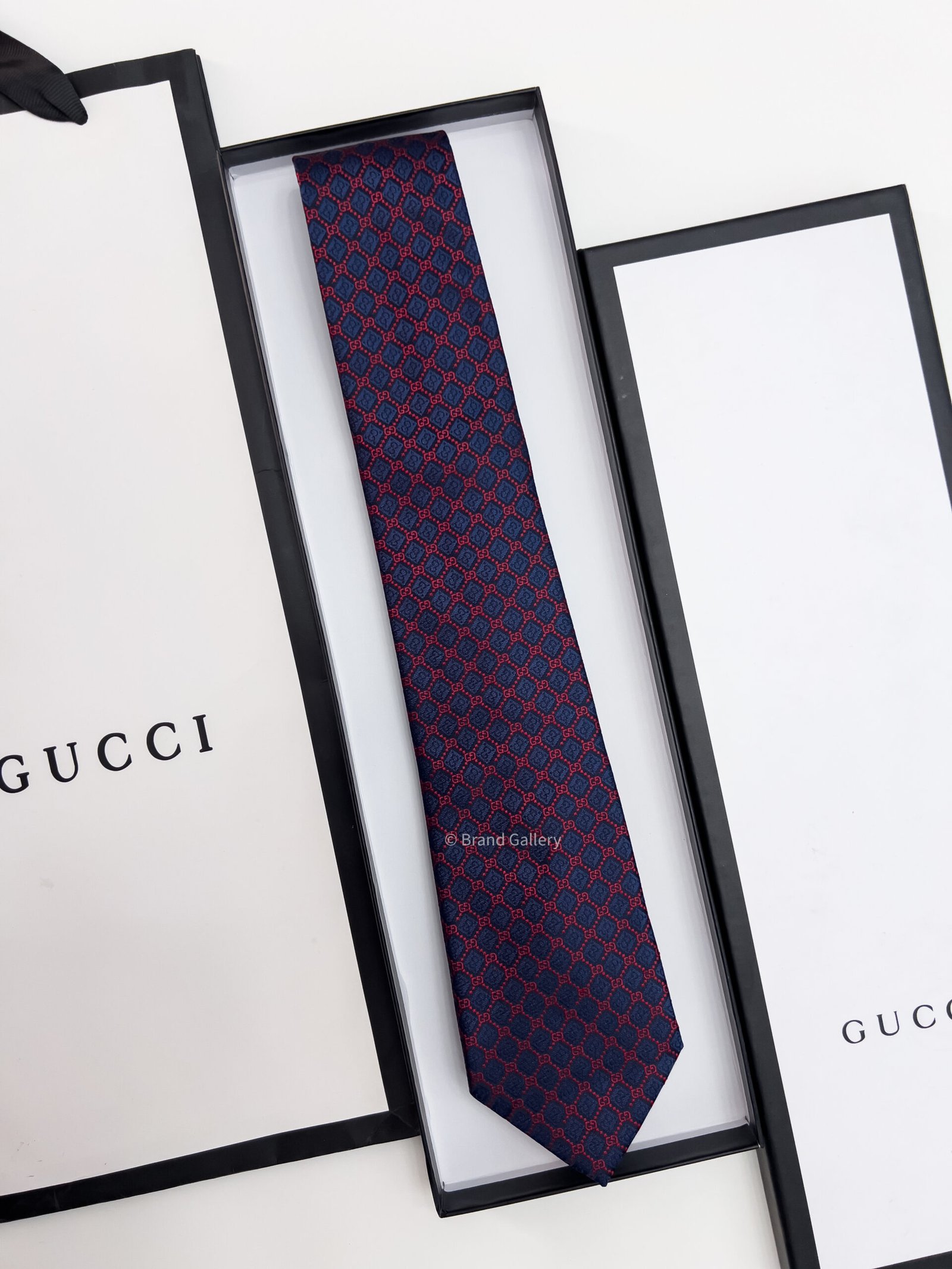 GUCCI - Navy GG AND RHOMBUS MOTIF SILK TIE - Image 2