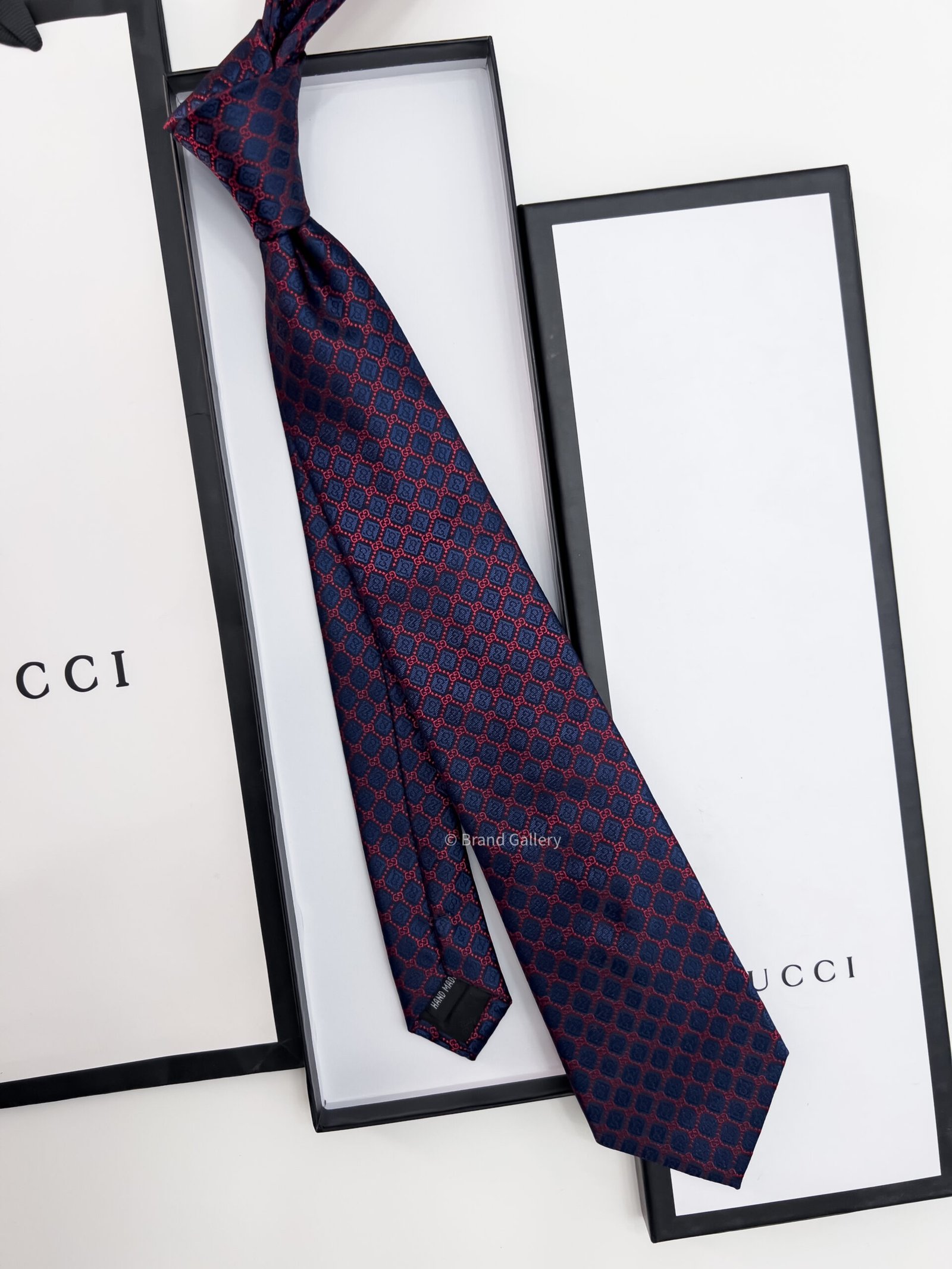 GUCCI - Navy GG AND RHOMBUS MOTIF SILK TIE