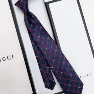 GUCCI - Navy GG AND CHECK JACQUARD SILK TIE