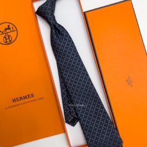 HERMES - Navy DIAMOND H PATTERN SILK TIE