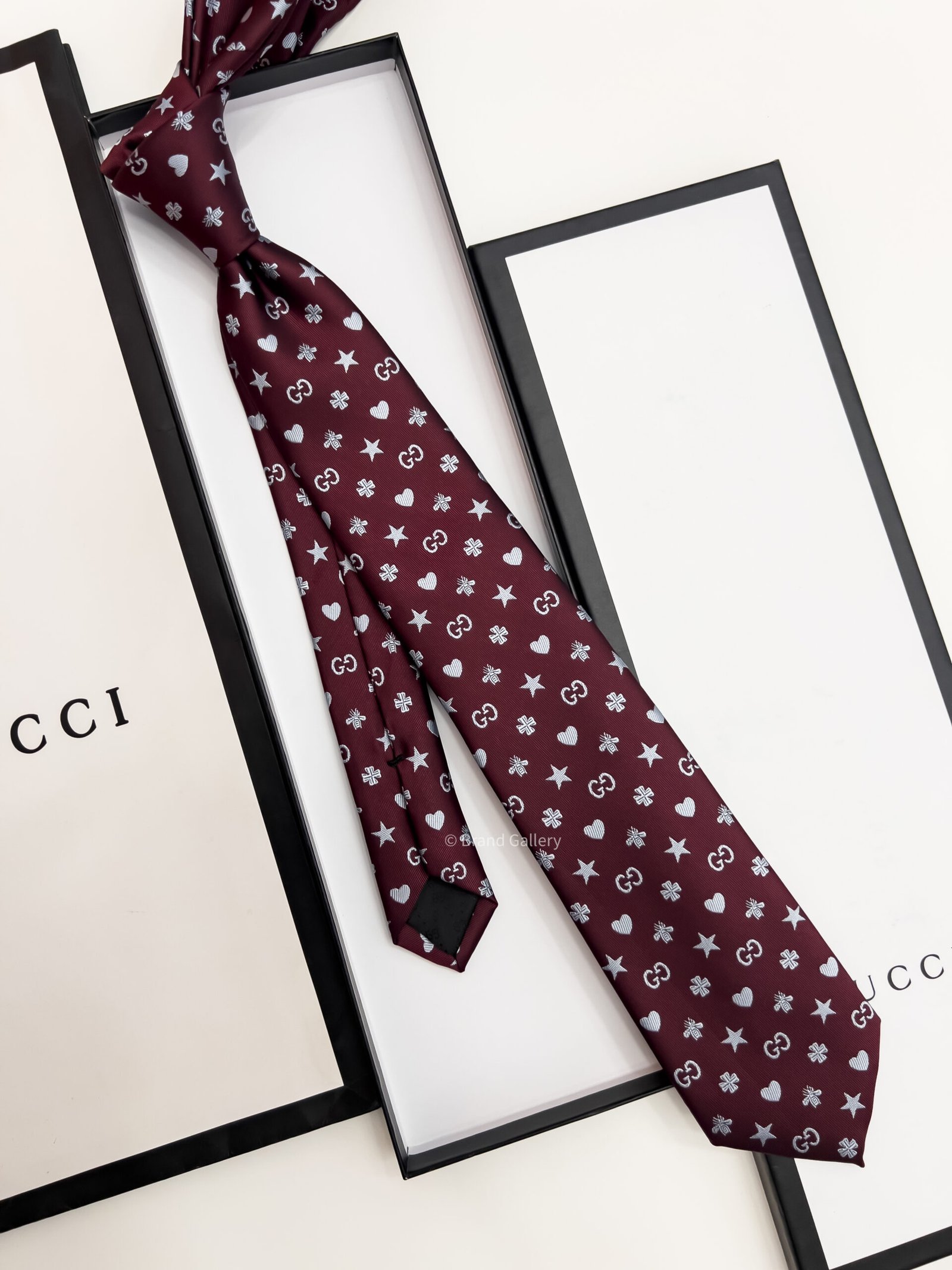 Maroon GG STARS HEARTS PATTERN SILK TIE