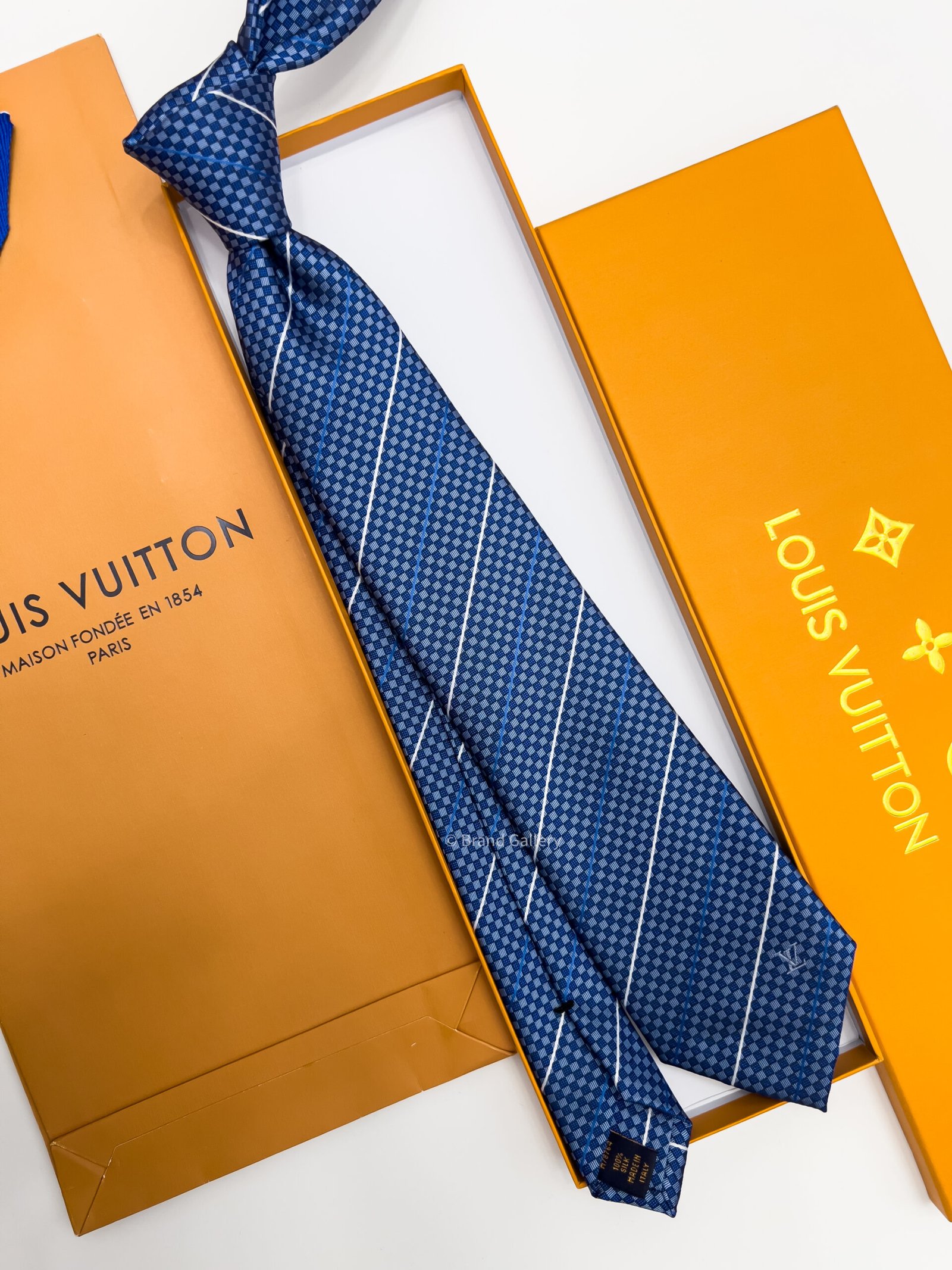 LOUIS VUITTON - Blue STRIPPED MICRO DAMIER SILK TIE