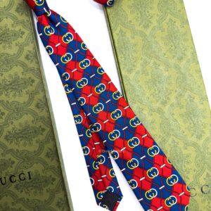 Blue Red Interlocking-G RHOMBUS SOFT SILK TIE