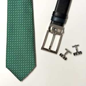 Men's accessories gift set with green tie, black belt and cufflinks