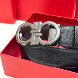 Ferragamo Gancini Gun-Metal pebbled Leather Belt - Luxury belt - A&A Brand Gallery Egypt
