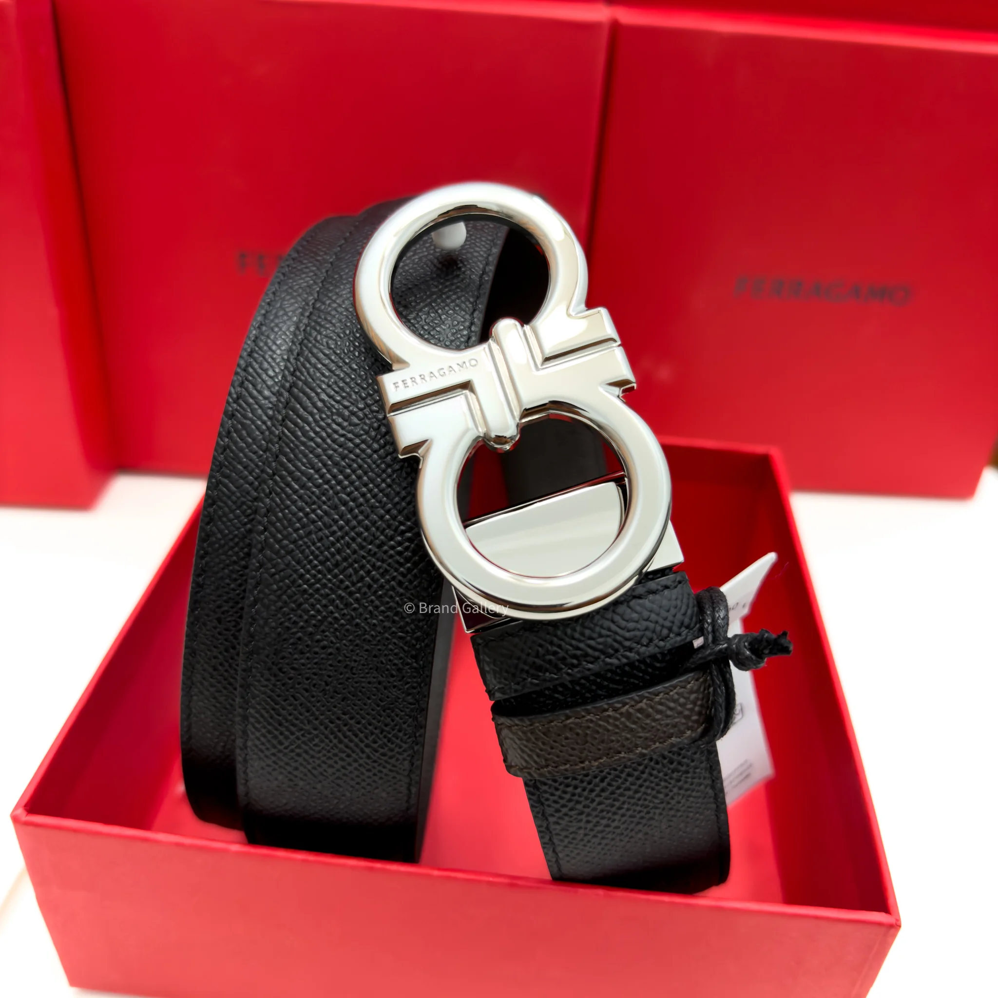 Ferragamo Gancini Silver pebbled Leather Belt - Luxury belt - A&A Brand Gallery Egypt