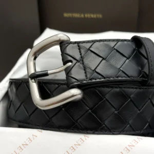 Bottega Veneta black Intrecciato woven leather belt with polished silver-tone buckle