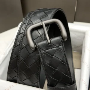 Bottega Veneta black Intrecciato woven leather belt with matte gunmetal-tone buckle