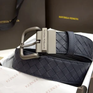 Bottega Veneta reversible blue and black leather belt with matte gunmetal buckle
