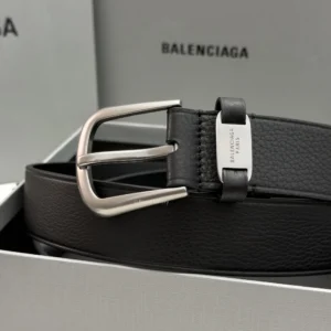 Balenciaga men’s black calfskin suit belt with aged silver buckle