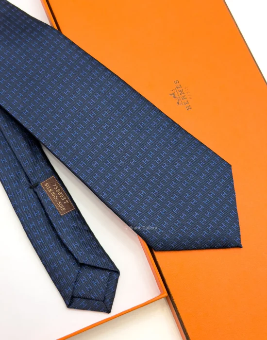 Hermes Navy Blue FACONNEE H Rows Tie - Luxury tie - A&A Brand Gallery Egypt
