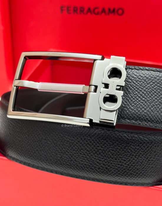 Ferragamo Gancini Gun-Metal pebbled Reversible Leather Belt - Luxury belt - A&A Brand Gallery Egypt