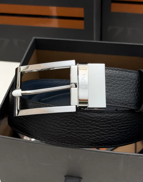 Zegna reversible black and navy blue grained leather belt with rectangular silver buckle