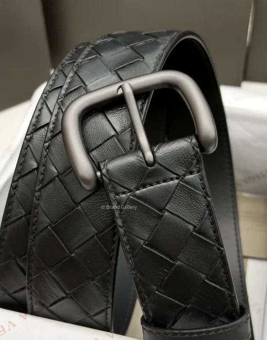 Bottega Veneta black Intrecciato woven leather belt with matte gunmetal-tone buckle