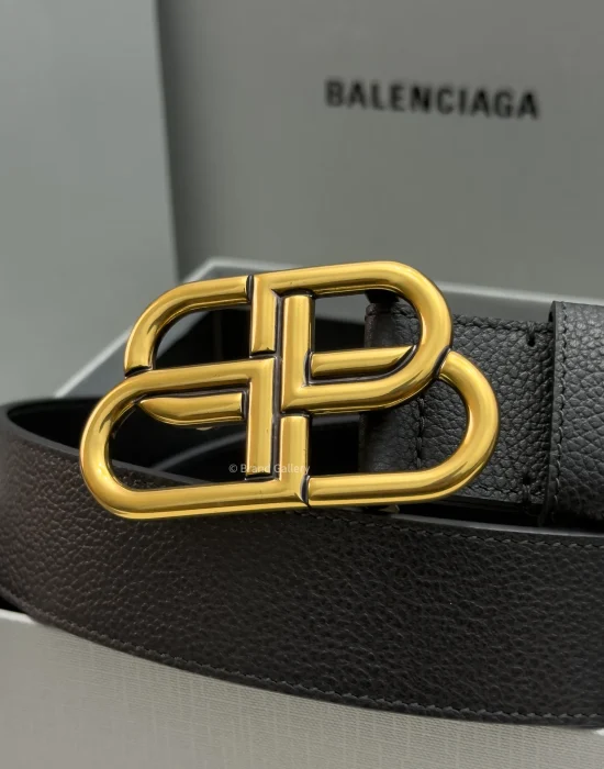 Balenciaga BB Large black grained calfskin belt with aged gold-tone buckle